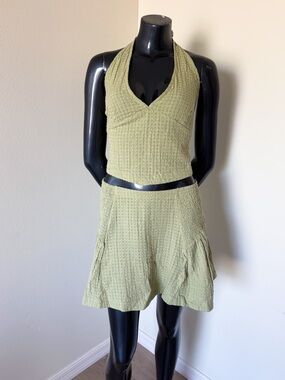 NWOT Free People Drew Pucker Check Skirt Set in Washed Sage Size Large